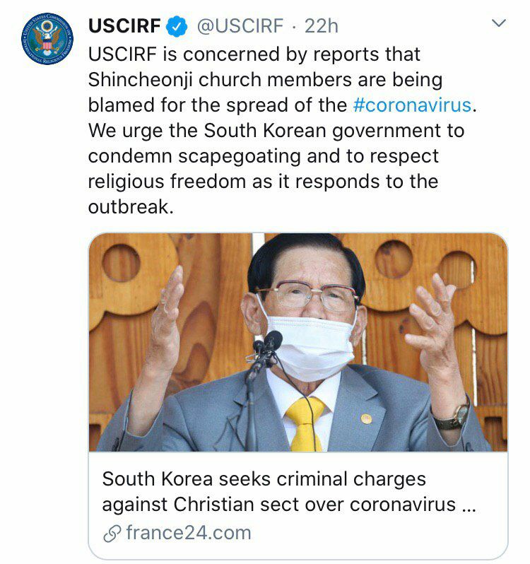 USCIRF tweet on Shincheonji and Virus Epidemic in South Korea 