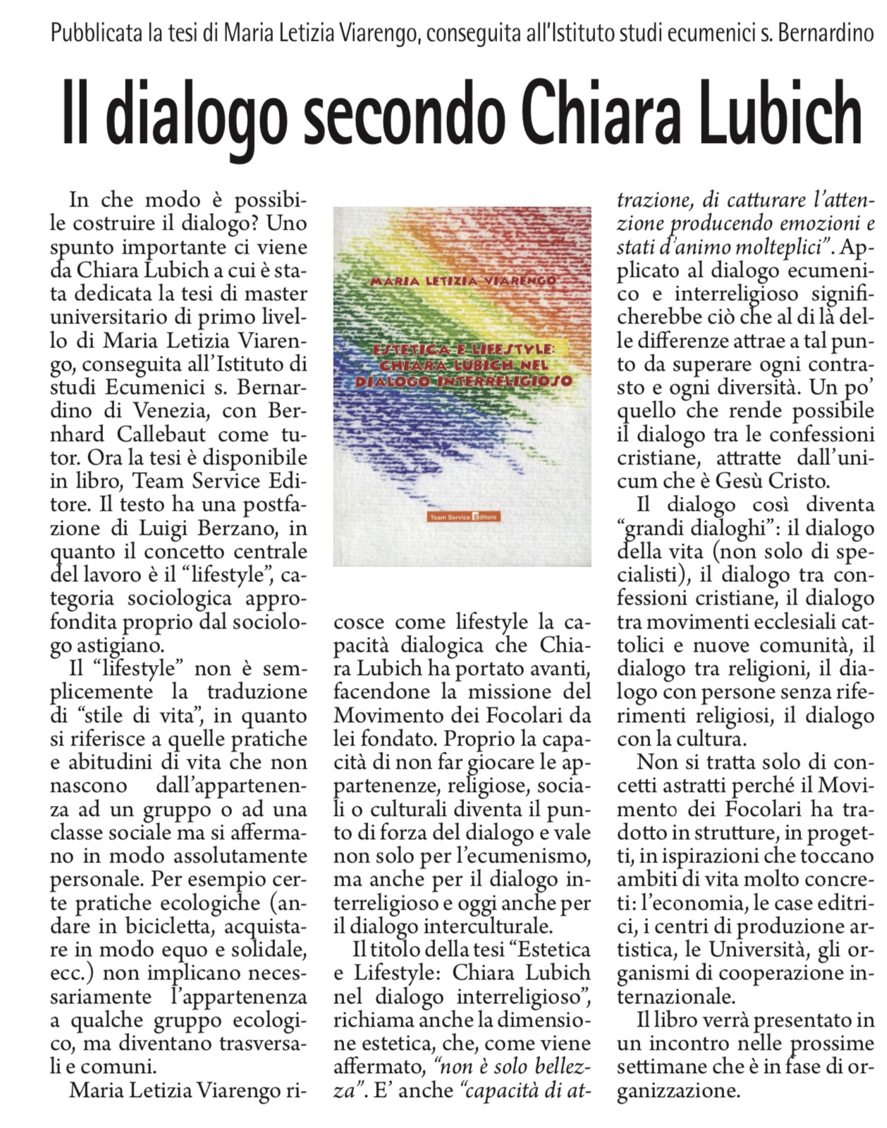 recensione libro Estetica e lifestyle: Chiara Lubich nel dialogo interreligioso